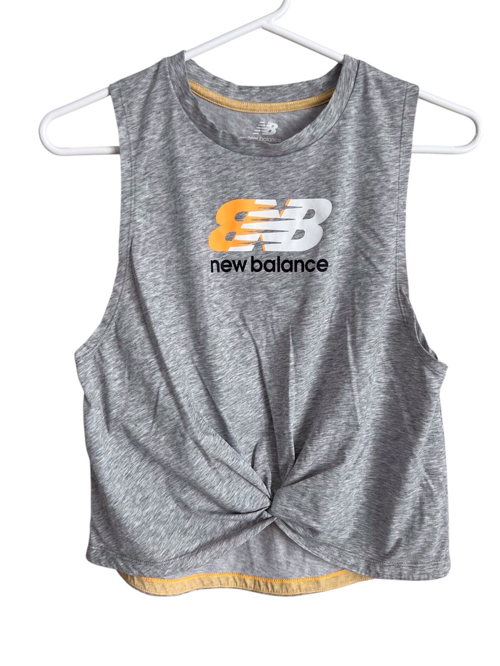 New Balance Gray Crop Tank Yellow White Logo Running Athletic Workout Small